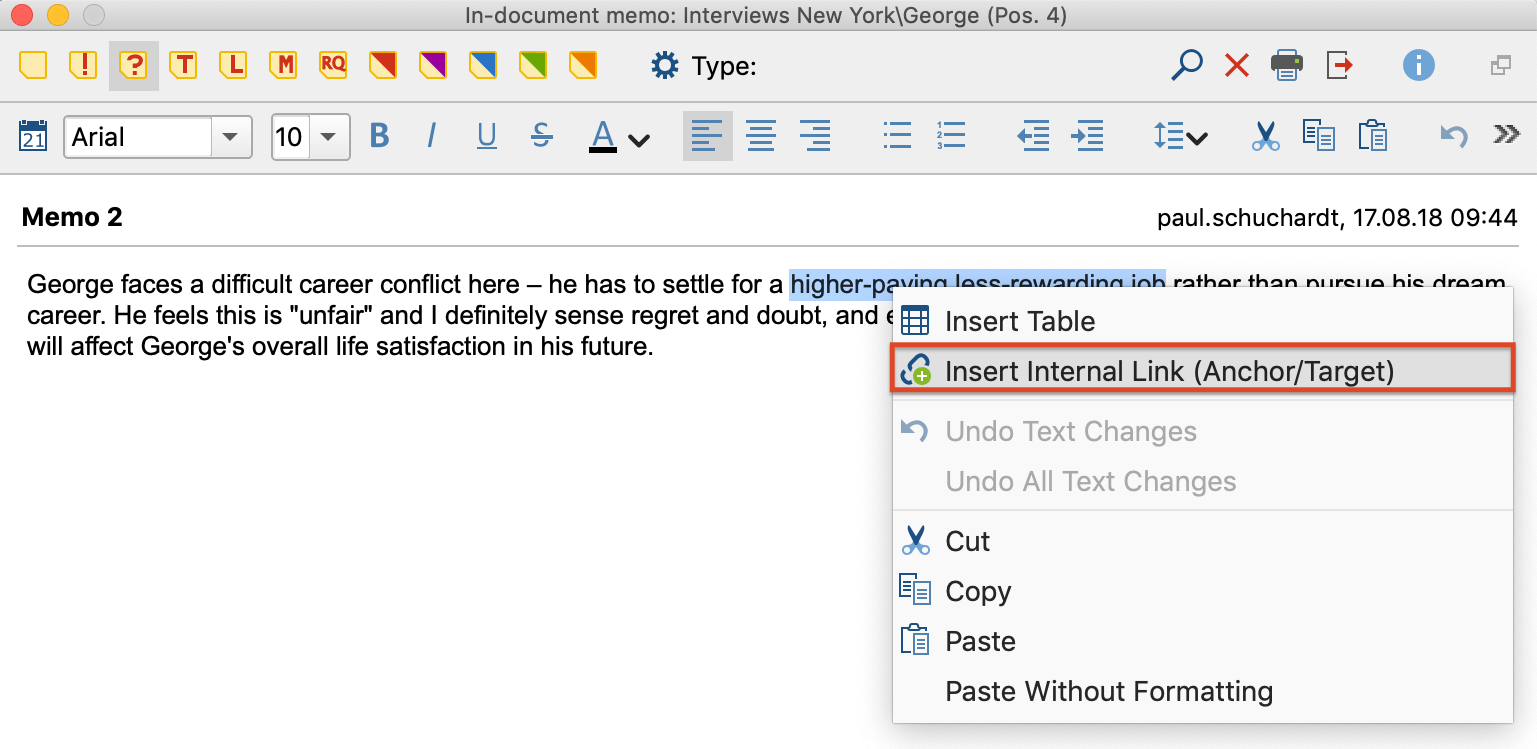 Inserting an internal link in a memo