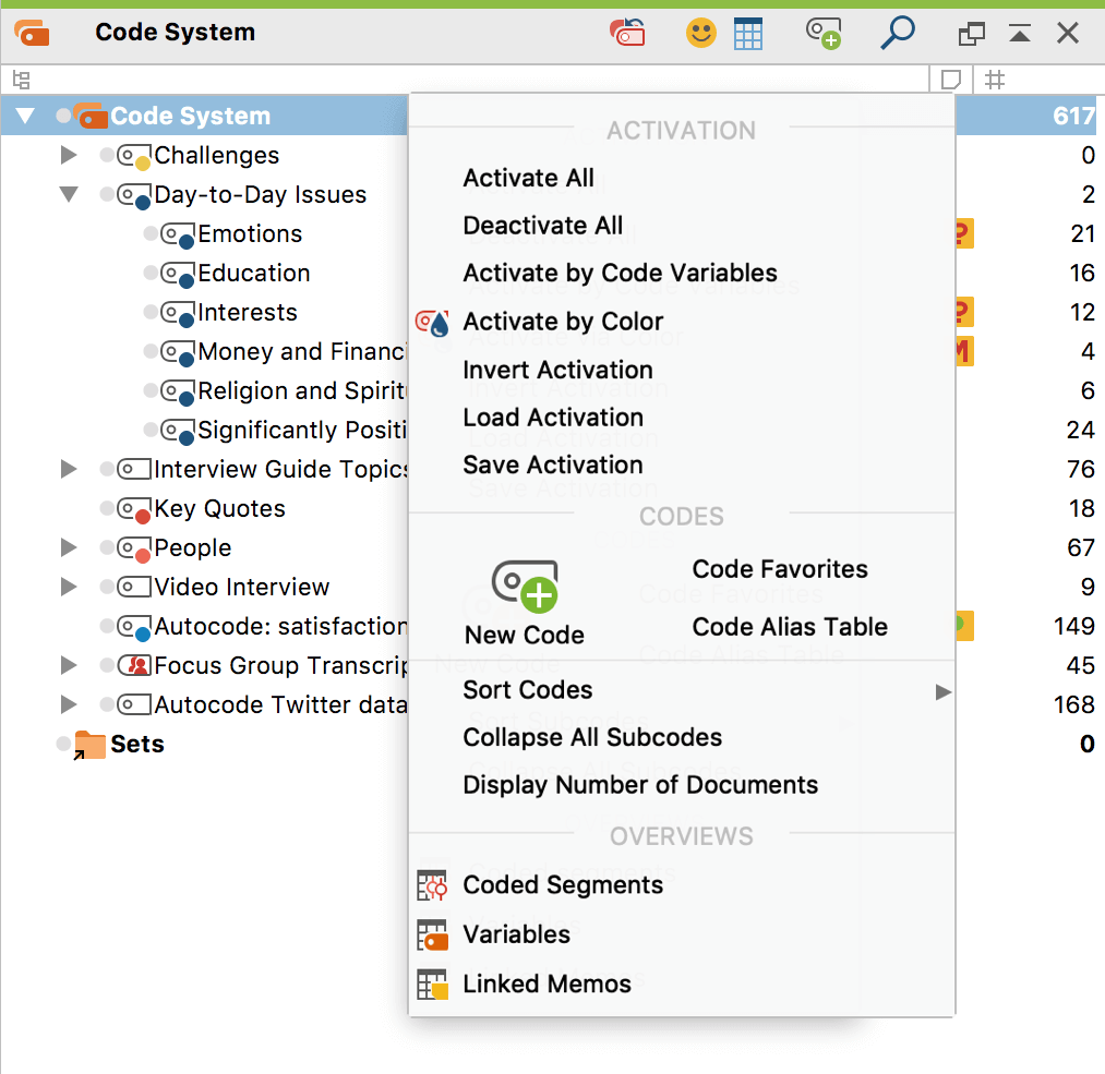 Context menu for the upper level of the Code System Context menu for the upper level of the Code System
