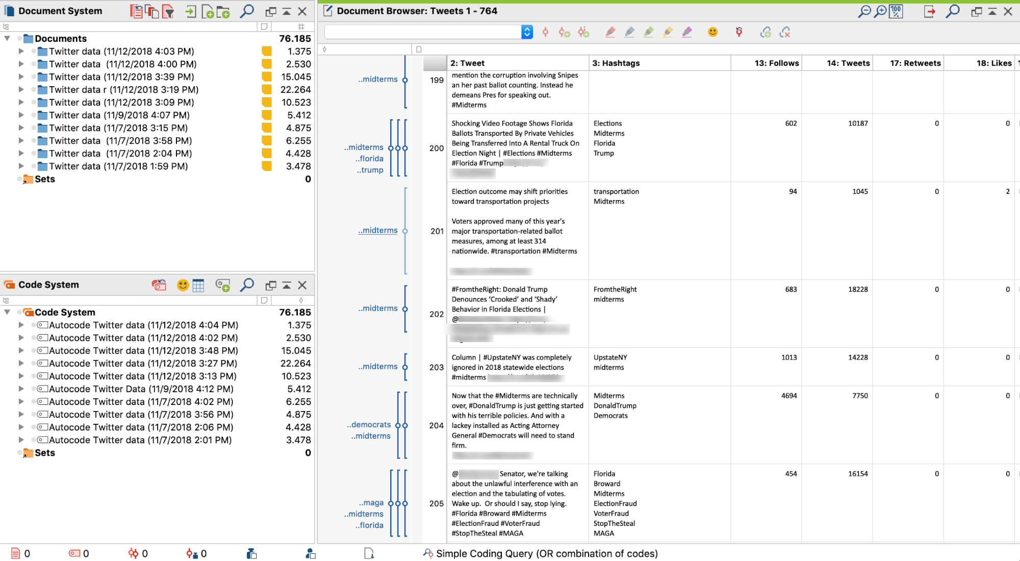 MAXQDA interface - imported and autocoded Twitter data