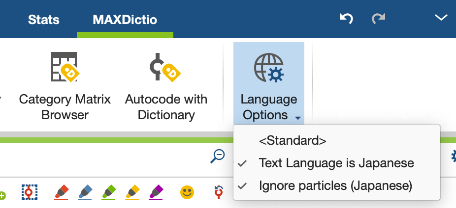 Select option for Japanese text in the MAXDictio menu Select option for Japanese text in the MAXDictio menu
