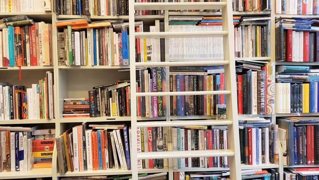 Grounded theory books on shelves in a library
