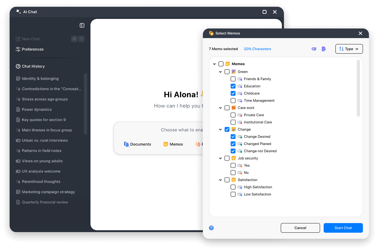 MAXQDA AI Chat-Fenster mit geöffnetem Memo-Auswahldialog und den für die Analyse gewählten Memos