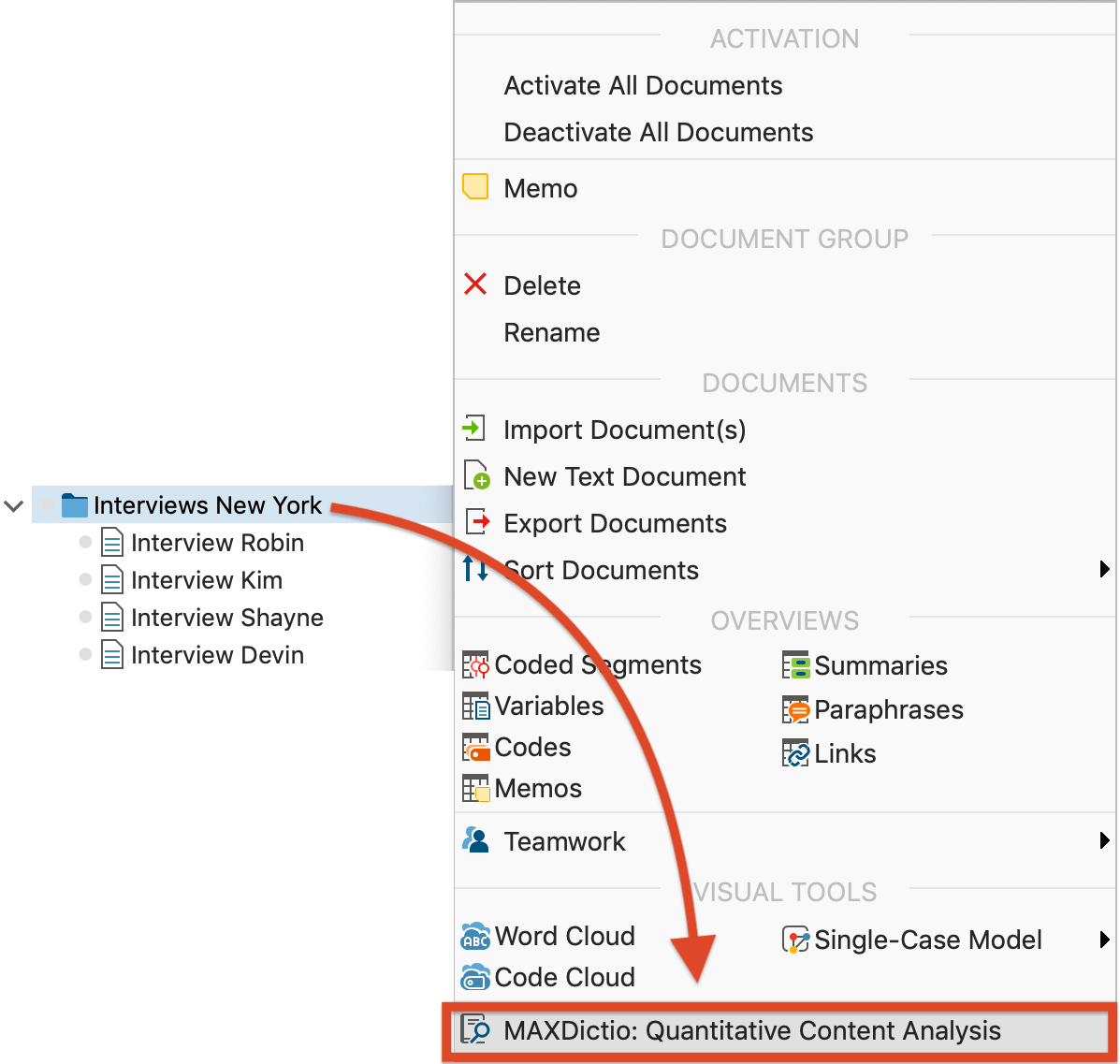 Opening the function “MAXDictio: Quantitative Content Anaylsis” via right-clicking on a document group Opening the function “MAXDictio: Quantitative Content Anaylsis” via right-clicking on a document group