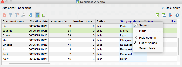 Document variables - Search