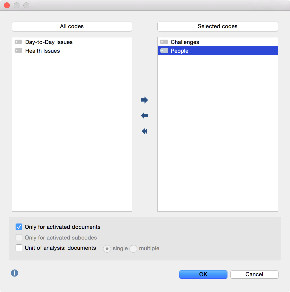 Select codes for frequency of subcodes - MAXQDA