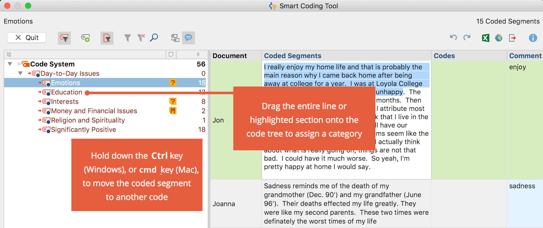 Assigning a code to a coded segment text. Assigning a code to a coded segment text.