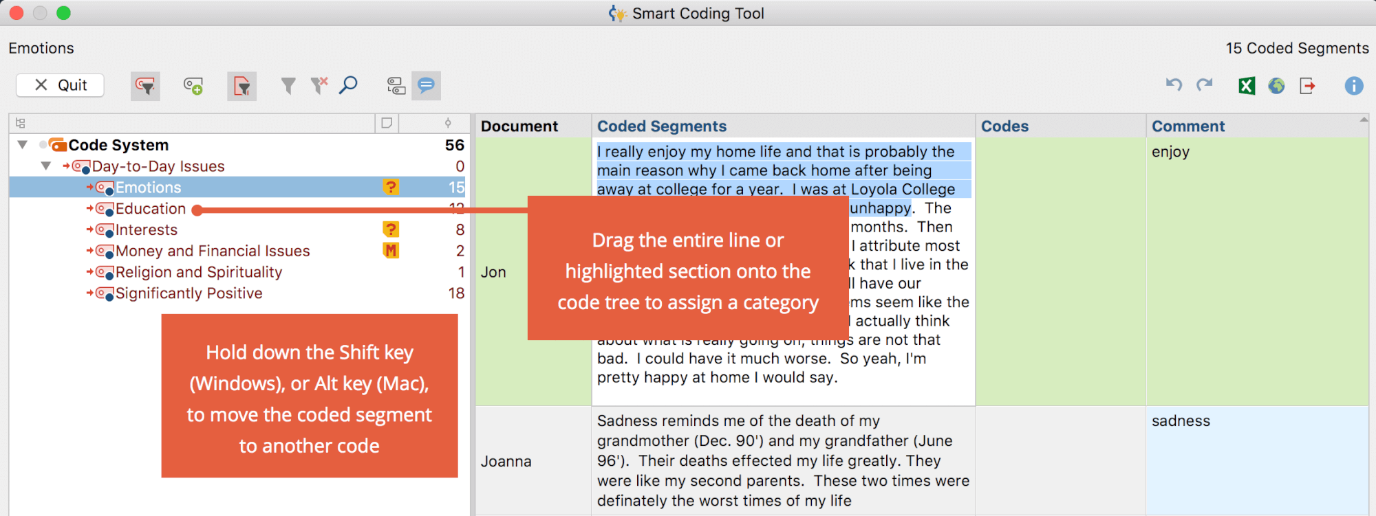 Assigning a code to a coded segment text. Assigning a code to a coded segment text.