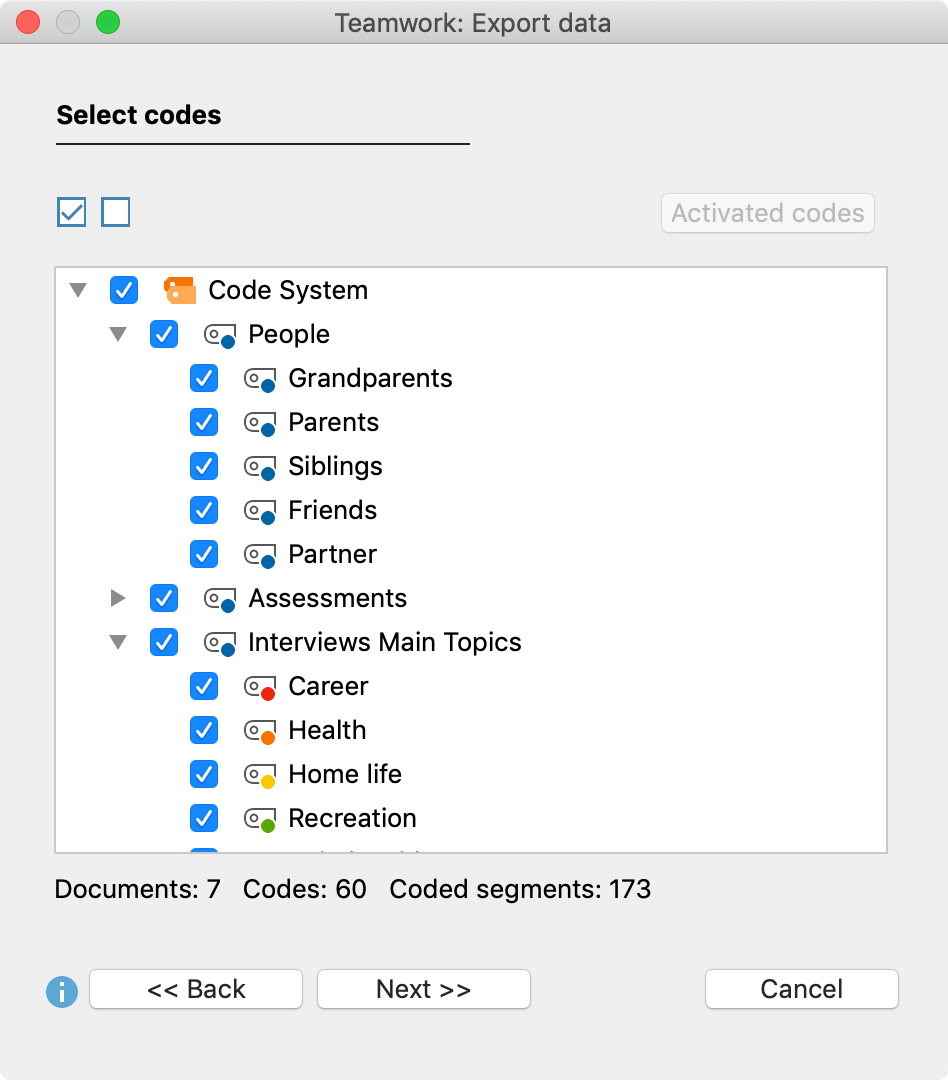 Select codes (right)