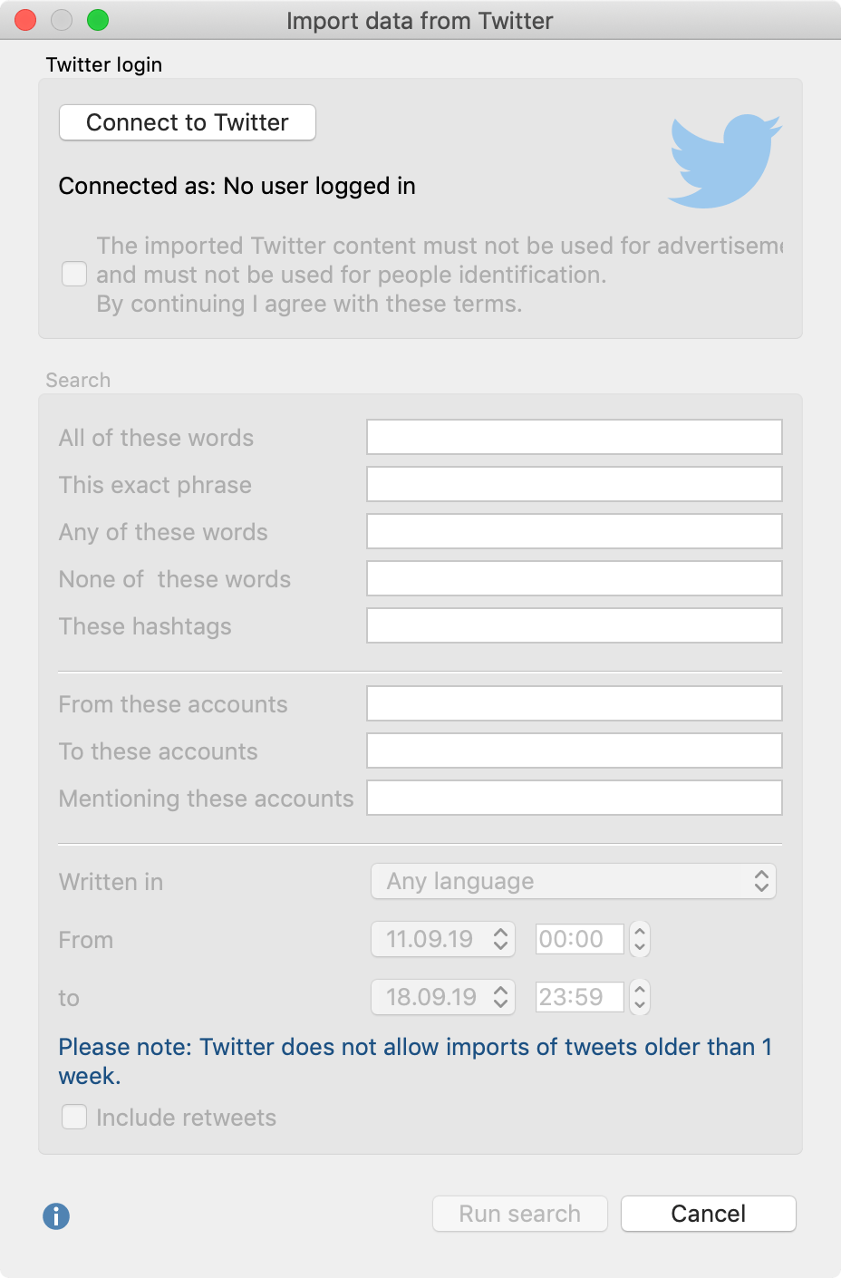 Dialog window for importing data from Twitter Dialog window for importing data from Twitter