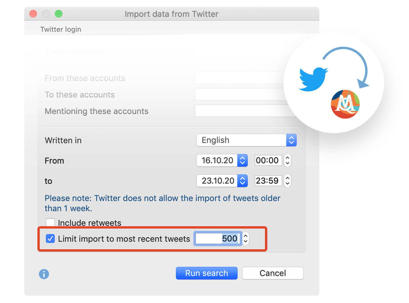 Screenschot from MAXQDA2020 showing the new option to import only the most recent Twitter tweets.