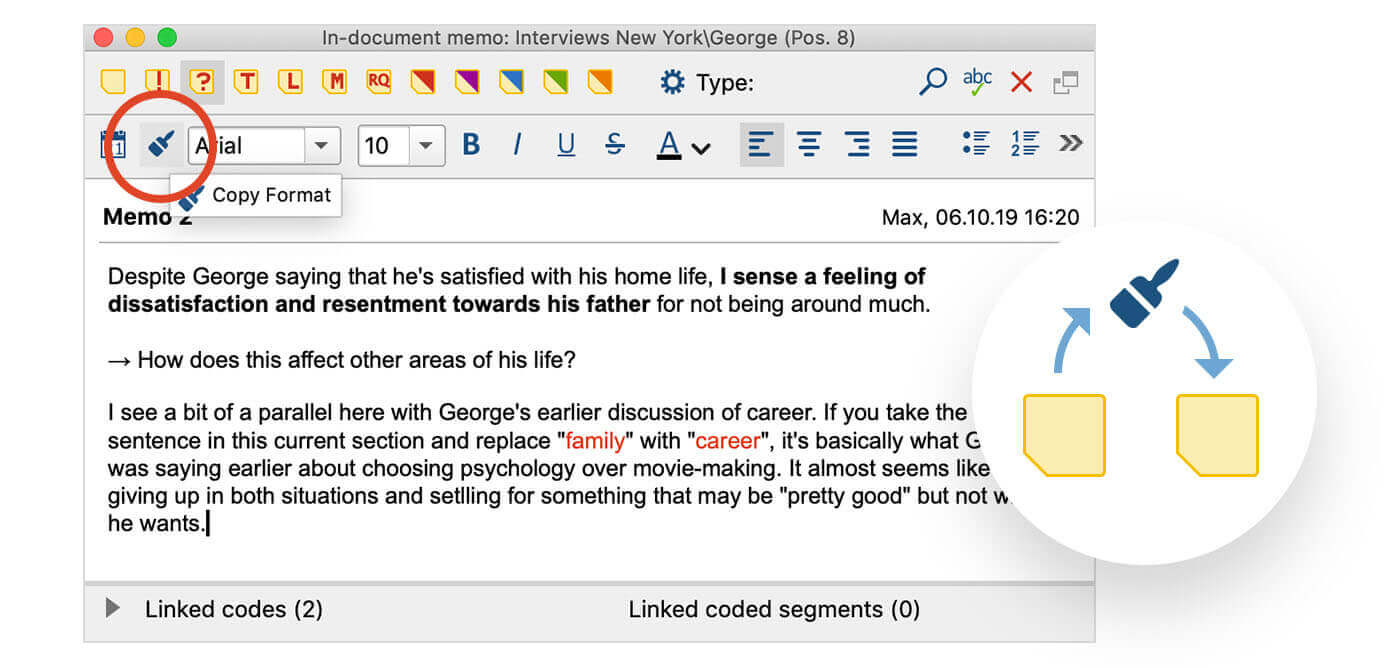 Screenshot from MAXQDA2020 showing the option to copy text formatting and styles within a memo.