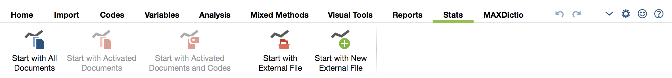 The tab “Stats” in MAXQDA's main ribbon menu The tab “Stats” in MAXQDA's main ribbon menu